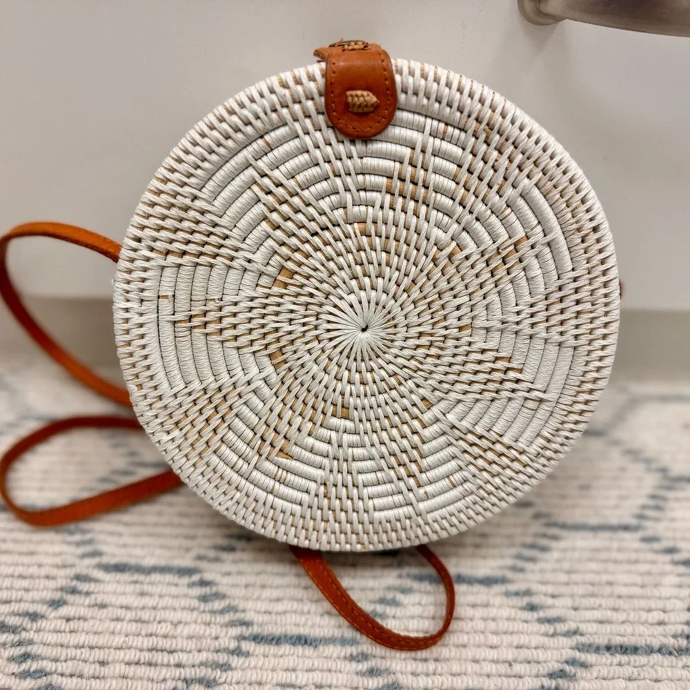HANDMADE White Woven Boho Rattan Round Crossbody Leather Strap Tropical Lining